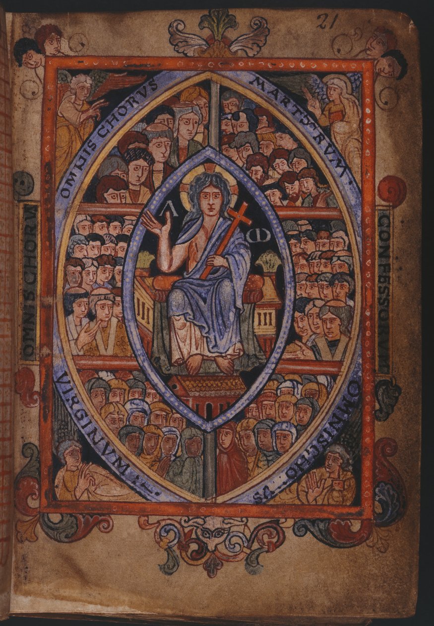 Cotton Galba A. XVIII, f.21 İsa şehitler, günah çıkaran kişiler ve bakirelerden oluşan korolarla tahta çıktı by English School