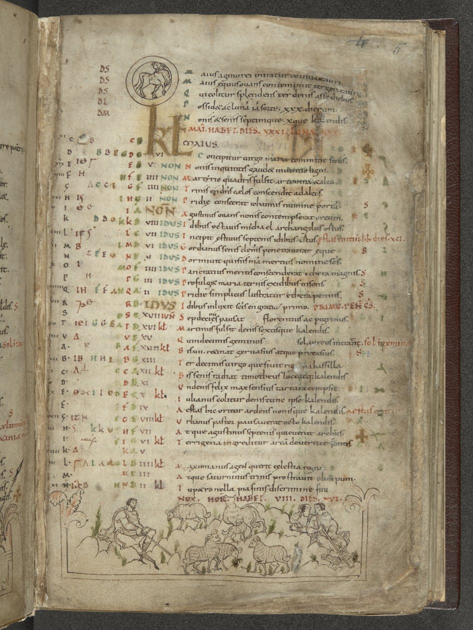 Cotton Julius A. VI, f.5, Mayıs ayı takvim sayfası: Çobanlar ve sürü (parşömen) by English School