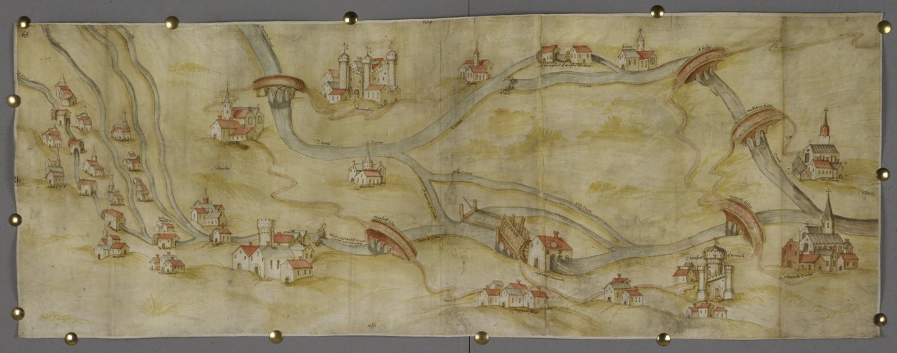 Cotton MS Augustus I i 65 Trent Nehri ve Nottingham ile Newark arasındaki kollarının haritası, c.1540 (kağıt üzerine suluboya ile kalem ve mürekkep) by English School