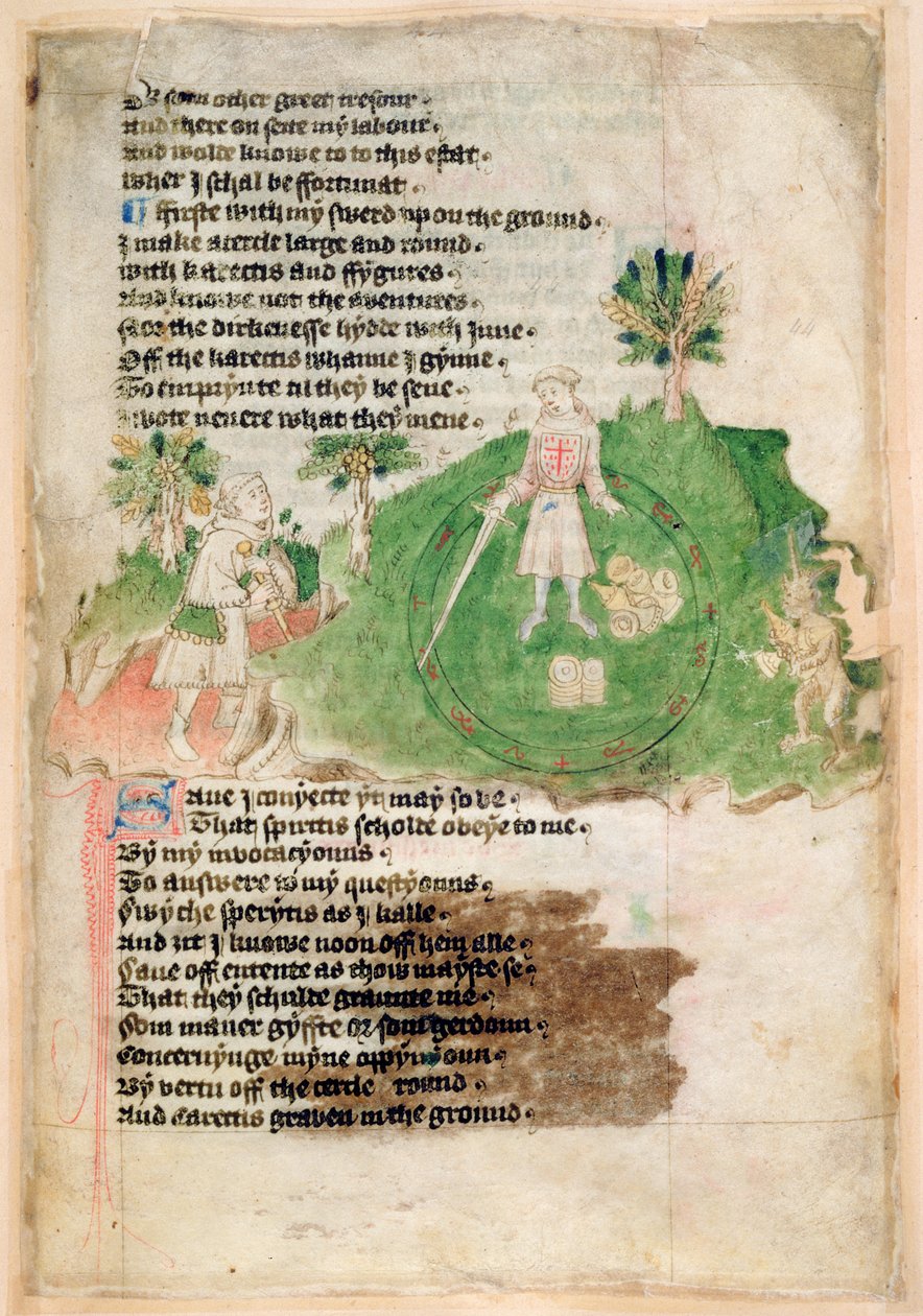 Cotton Bayan Tiberius A vii fol.44 Bir sihirbaza hazine getiren şeytanlar (parşömen) by English School