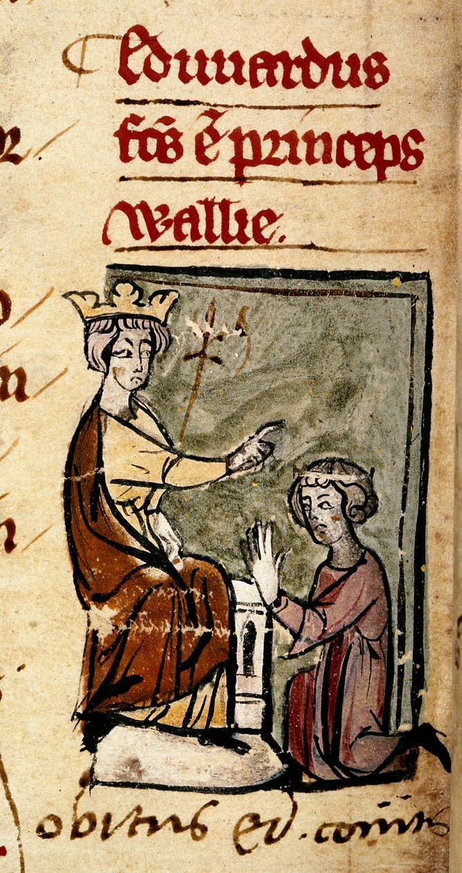 Cotton Nero D. II, f.191v Caernarvonlu Edward (Edward II), babası King Edward I tarafından Lincoln parlamentosunda, 7 Şubat 1301