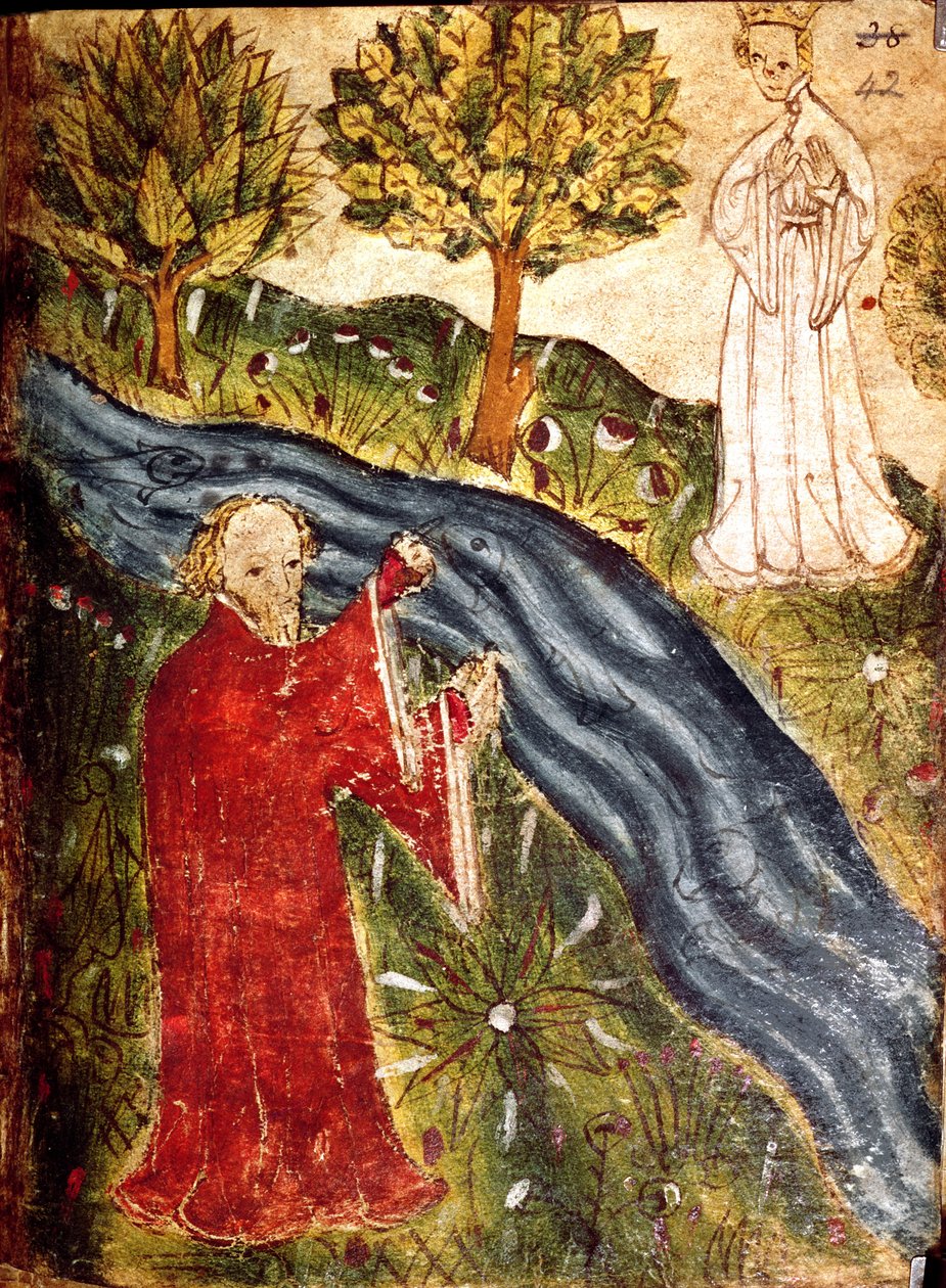 Pamuk Nero Ms A X, f. 42 The Dreamer with the Pearl Maiden, c.1375-1400 (parşömen) by English School