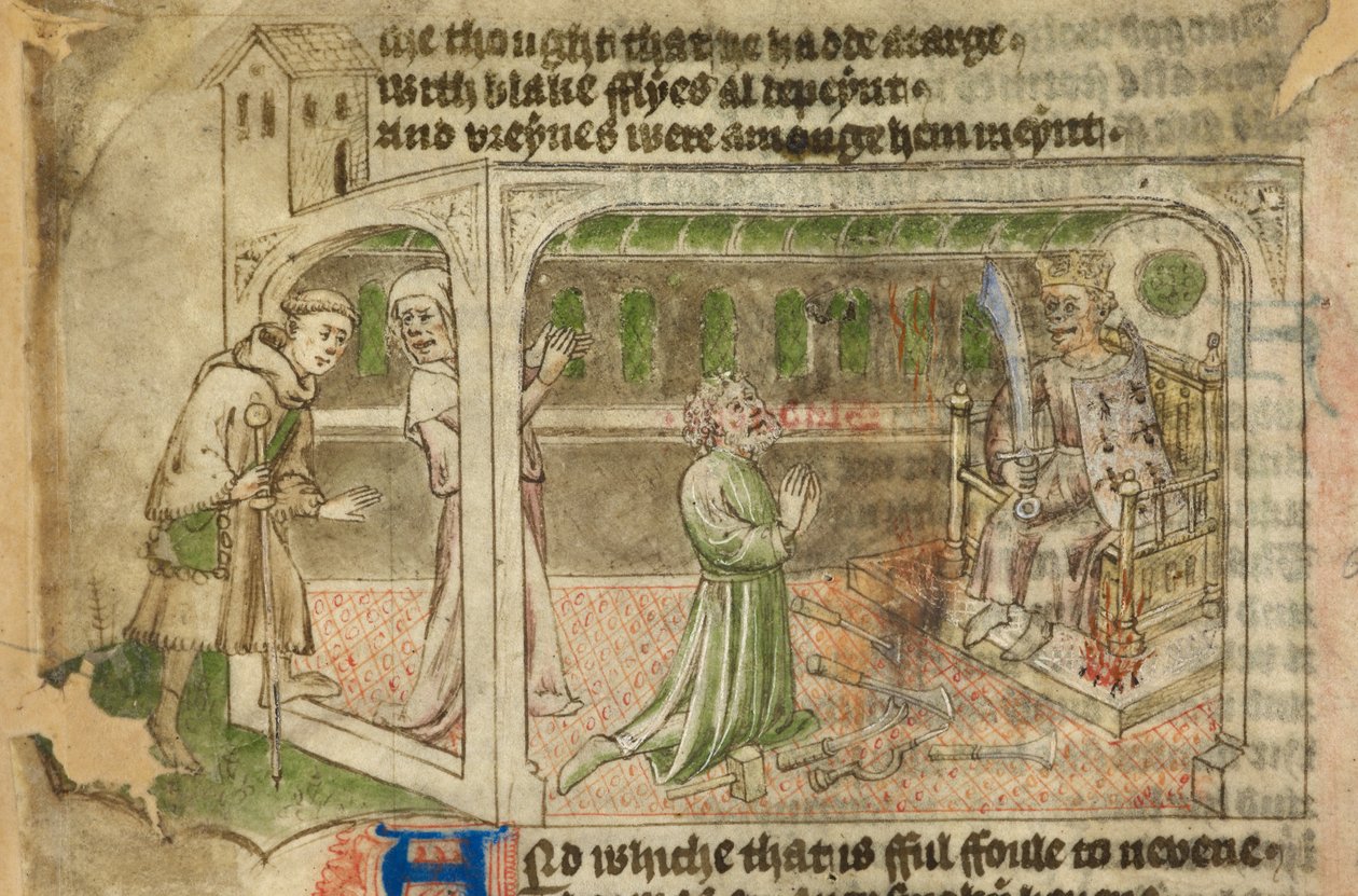 Cotton Tiberius A. VII, f.65v, The House of Idolatry, giren hacı ve taçlı bir puta (parşömen) tapan bir adam ile by English School