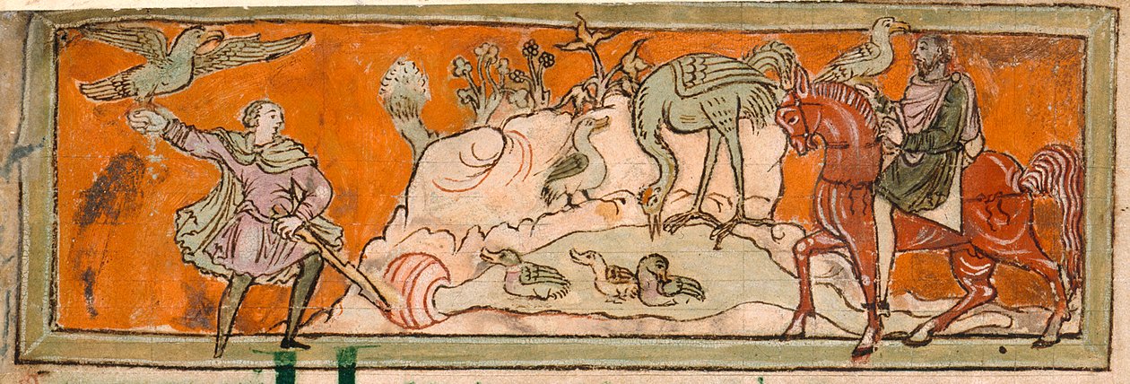 Cotton Tiberius B. V, Bölüm 1, f.7v Şahinle avlanma, bir 
