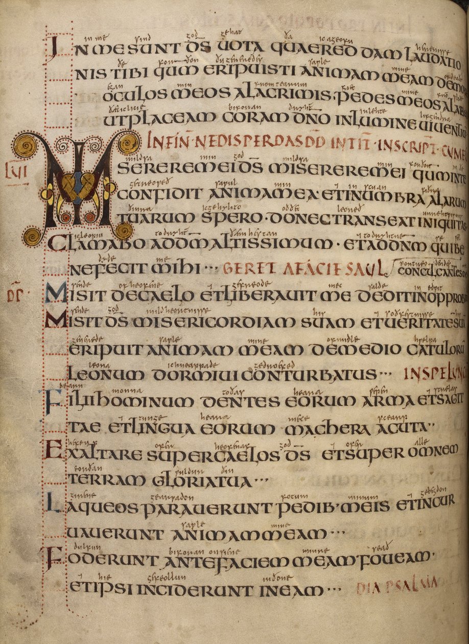 Cotton Vespasian A. I, f.55v Mezmur 56, Eski İngiliz parlak ve dekore edilmiş ilk MI ile by English School