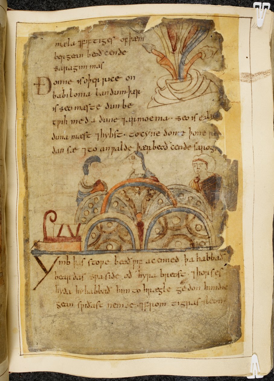 Cotton Vitellius A. XV f.105, altın bir asma ağacı; üç kişi konuşuyor, en iyi incilerin bulunduğu Kızıldeniz