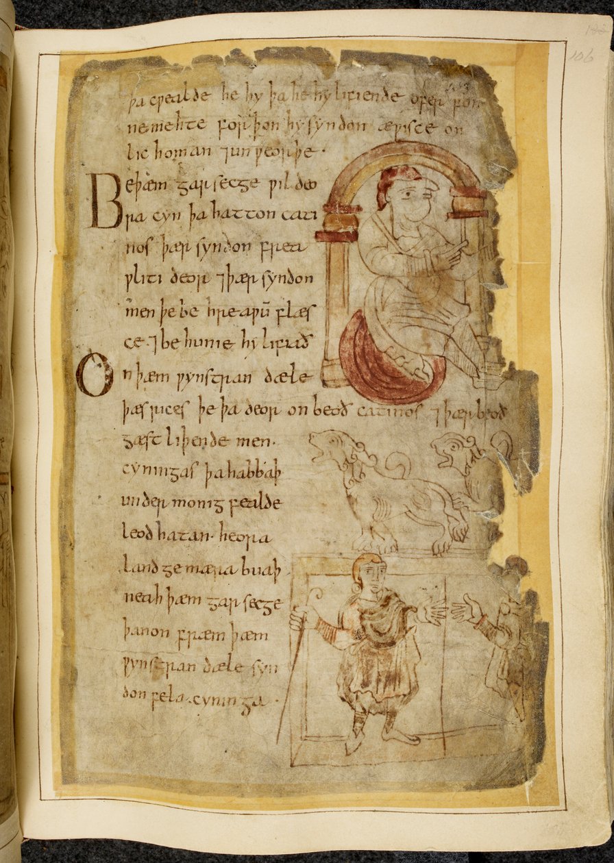 Cotton Vitellius A. XV f.106r, Kemerin altındaki bir minder üzerinde oturan bir adam; köpekler gibi ağzı açık iki kedi yavrusu; Asalı cüppeli bir adam, elini başka bir adama uzatıyor, Beowulf