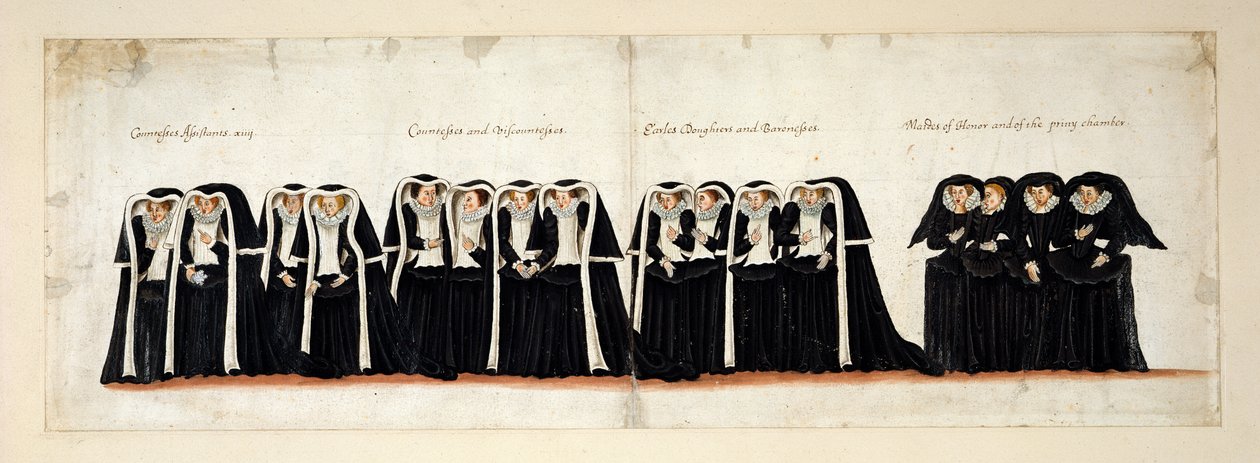 Kontes Yardımcıları; Kontesler ve Vikontesler; Kontlar ve Baroneslerin kızları; Nedimeler ve Danışma Odası. Kraliçe I. Elizabeth