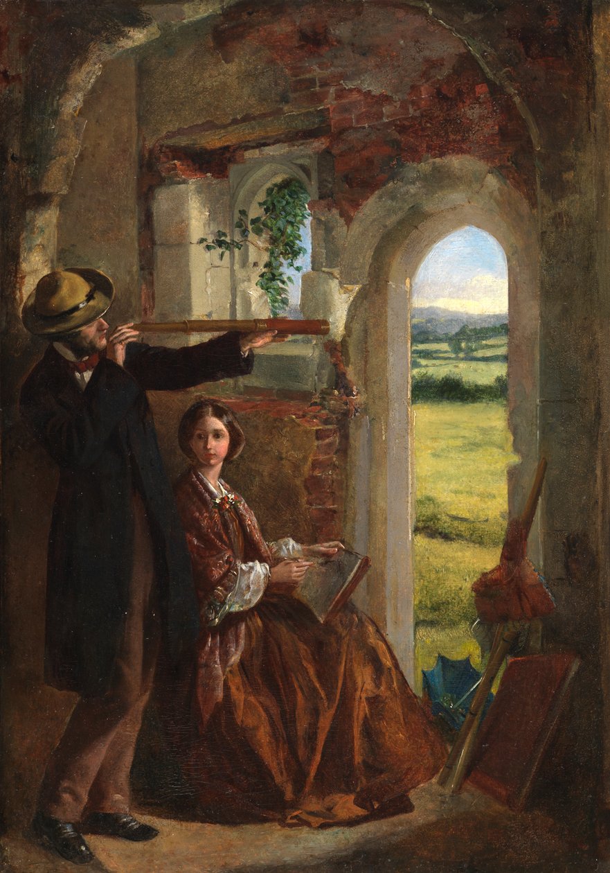 Bir Manzarayı Gözlemleyen Çift (panel üzerine yerleştirilmiş karttaki yağ) by English School