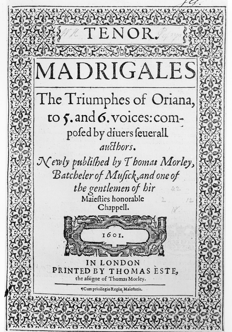 Thomas Este tarafından yayınlanan The Triumphes of Oriana'nın Tenor bölümünün kapağı, 1601 by English School