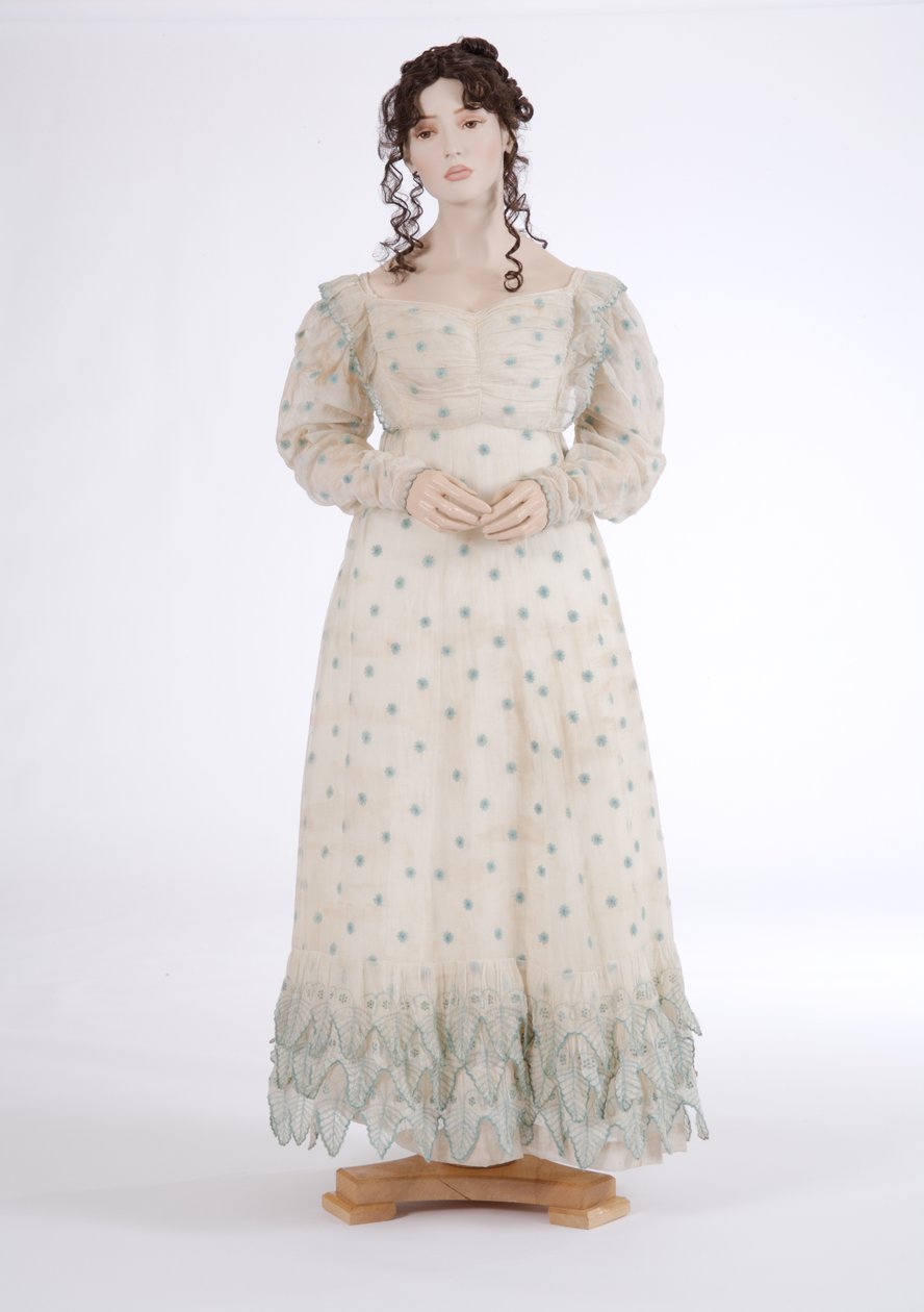 Günlük elbise, c.1815 (mavi yün işlemeli pamuklu muslin) by English School