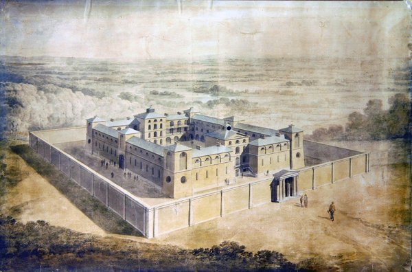 Neo-Klasik hapishane tasarımı, c.1790 (kağıt üzerine sulu boya) by English School