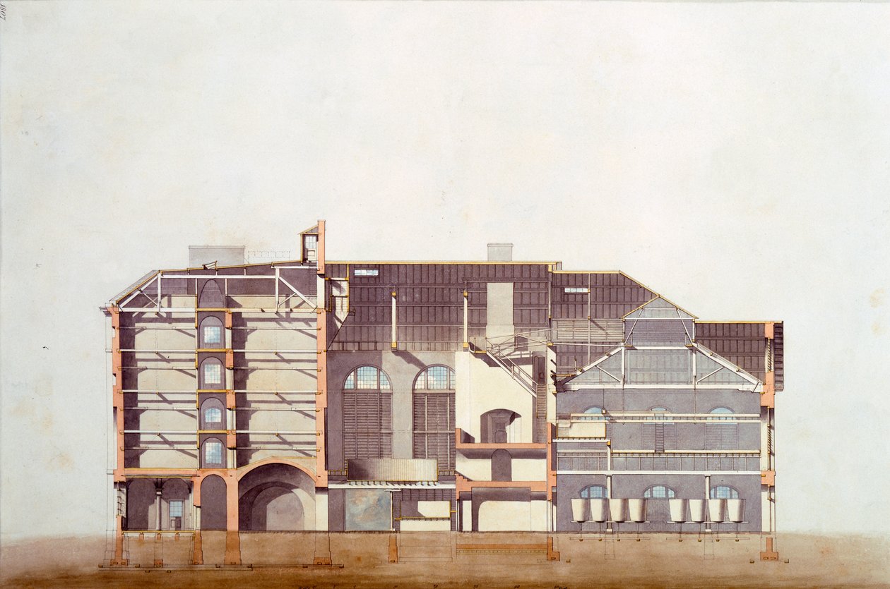 Stag Brewhouse için tasarım, George Saunders'ın ofislerinden orijinal el yazması çizimi, c.1807 (kalem, tuvalet ve kalem ve kağıt üzerine mürekkep) by English School