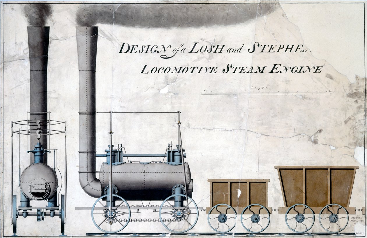 Losh ve Stephenson Lokomotif Buhar Motorunun Tasarımı, c.1826 (kalem & mürekkep ve kağıt üzerinde yıkama) by English School