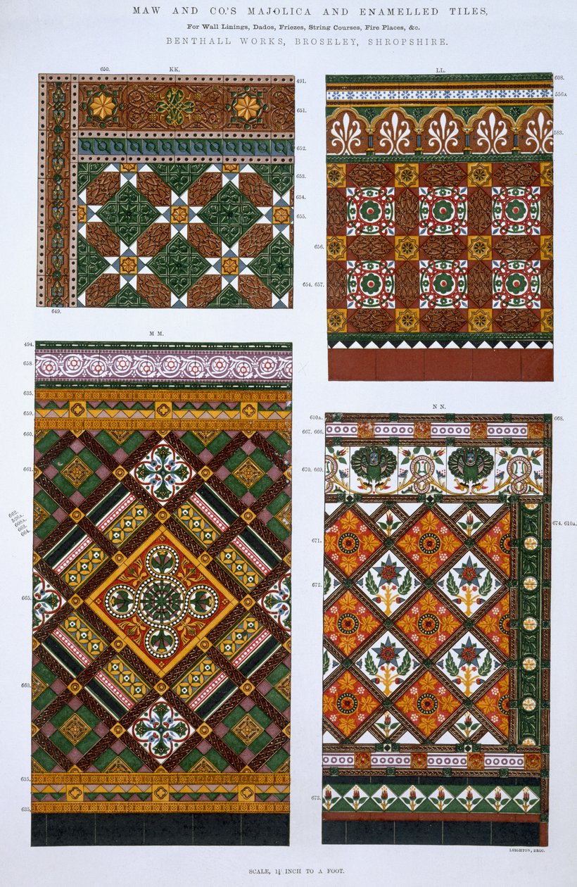 Maw & Co., Benthall Works, Brosley, Shropshire için Majolica ve Emaye Fayans Tasarımları by English School