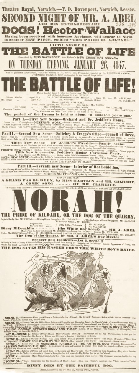 Dickens playbill: The Battle of Life, Theatre Royal, Norwich, 26h Ocak 1847 by English School