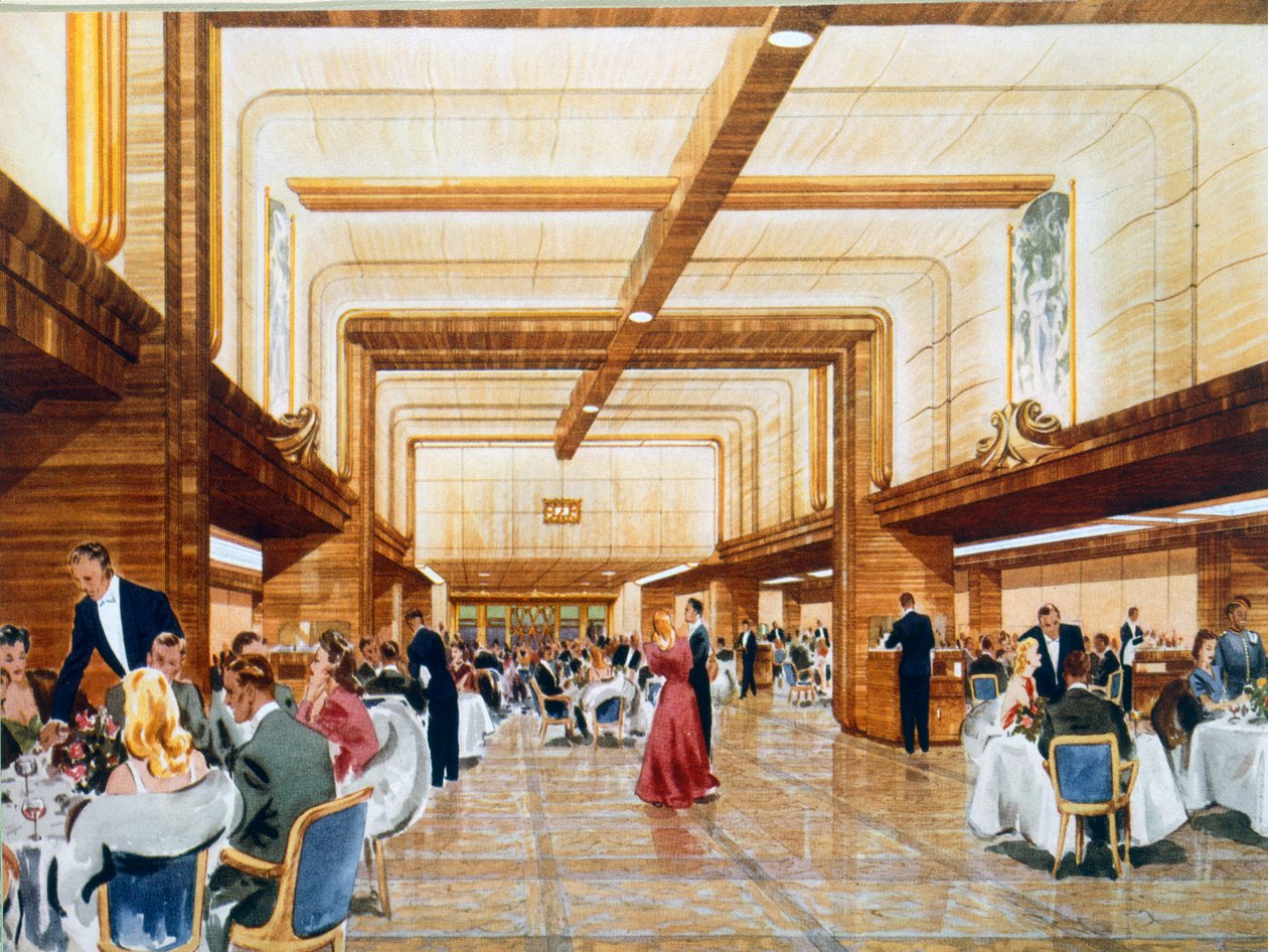 Bir tanıtım broşüründen RMS Caronia'da akşam yemeği ve dans, 1947 by English School