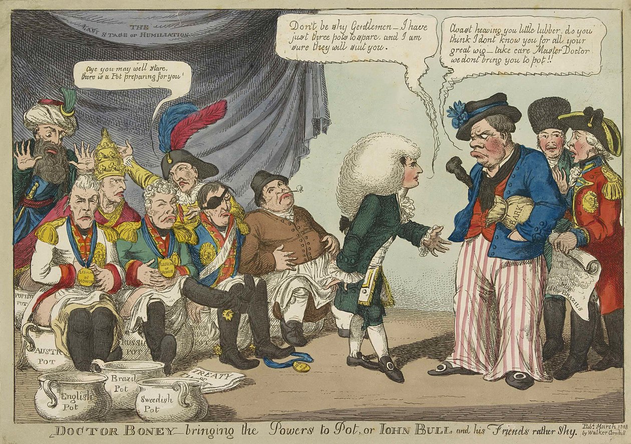 Doktor Boney_Bringing the Powers to Pot, ya da John Bull ve arkadaşları oldukça utangaç, pub. 1808 (el renkli gravür) by English School