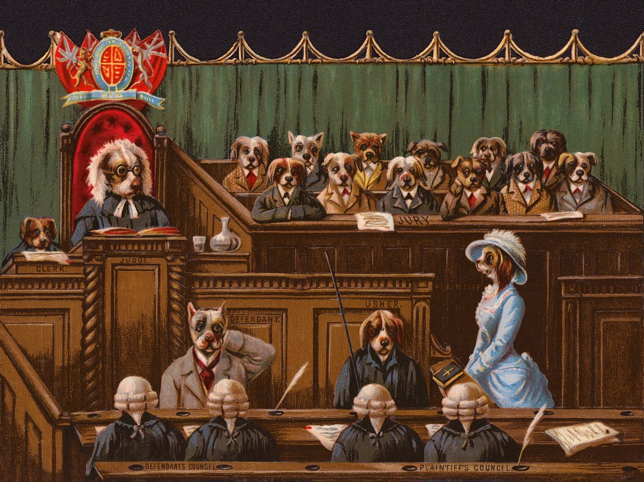 Mahkeme salonundaki köpekler (kromolito) by English School