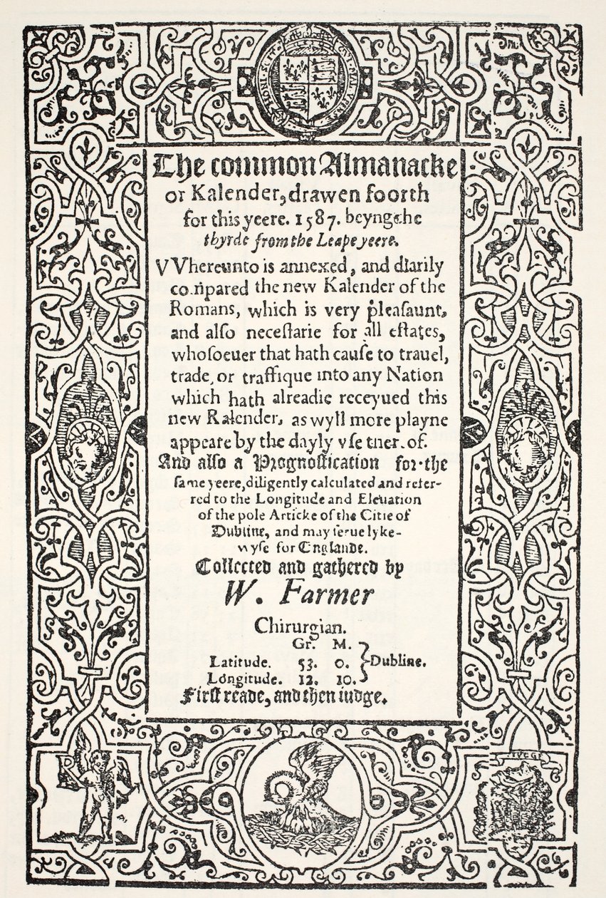 Double Almanack (ortak ve yeni) ve 1587 için Dublin için Prognostikasyon, W. Farmer tarafından, Watkins ve Roberts tarafından basılmıştır, 1587 by English School