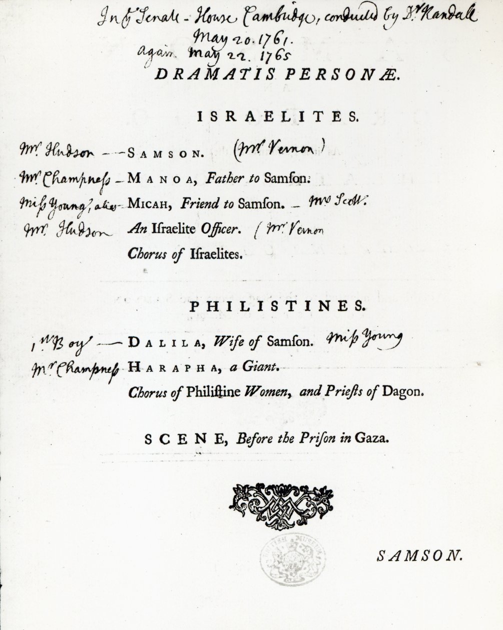 Samson için Dramatis Personae, Handel