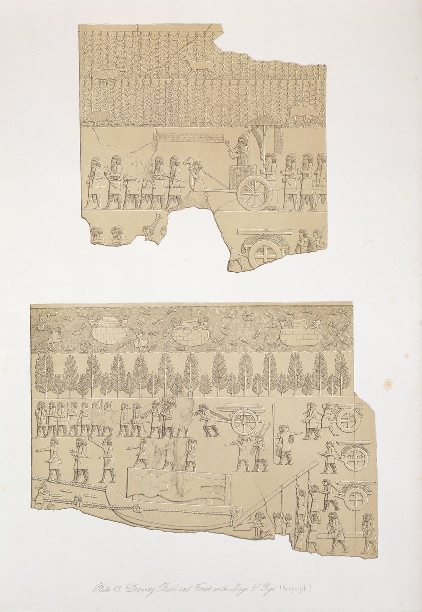 Boğa ve Geyikler ve Domuzlarla Orman, Koujunjik, Nineveh ve Kalıntıları'ndan levha 12, Austen Henry Layard (1817-94) tarafından 1849'da yayınlandı by English School