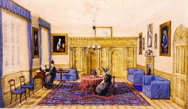 Bir kır evinin çizim odası içi, c.1830 (kağıt üzerine sulu boya) by English School