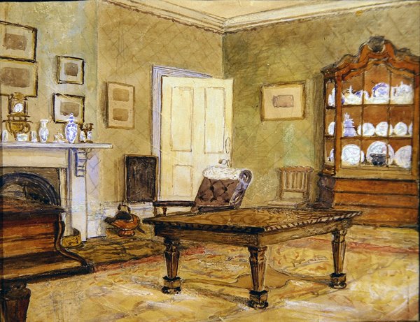 Çin koleksiyonu ile çizim odası iç, c.1890 (kağıt üzerine suluboya) by English School