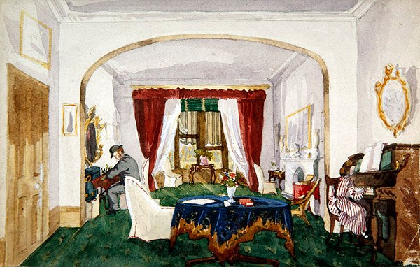 Salon içi, piyanoda kadın, melon şapkalı adam yazıyor, 1850 dolayları (kağıt üzerine suluboya) by English School