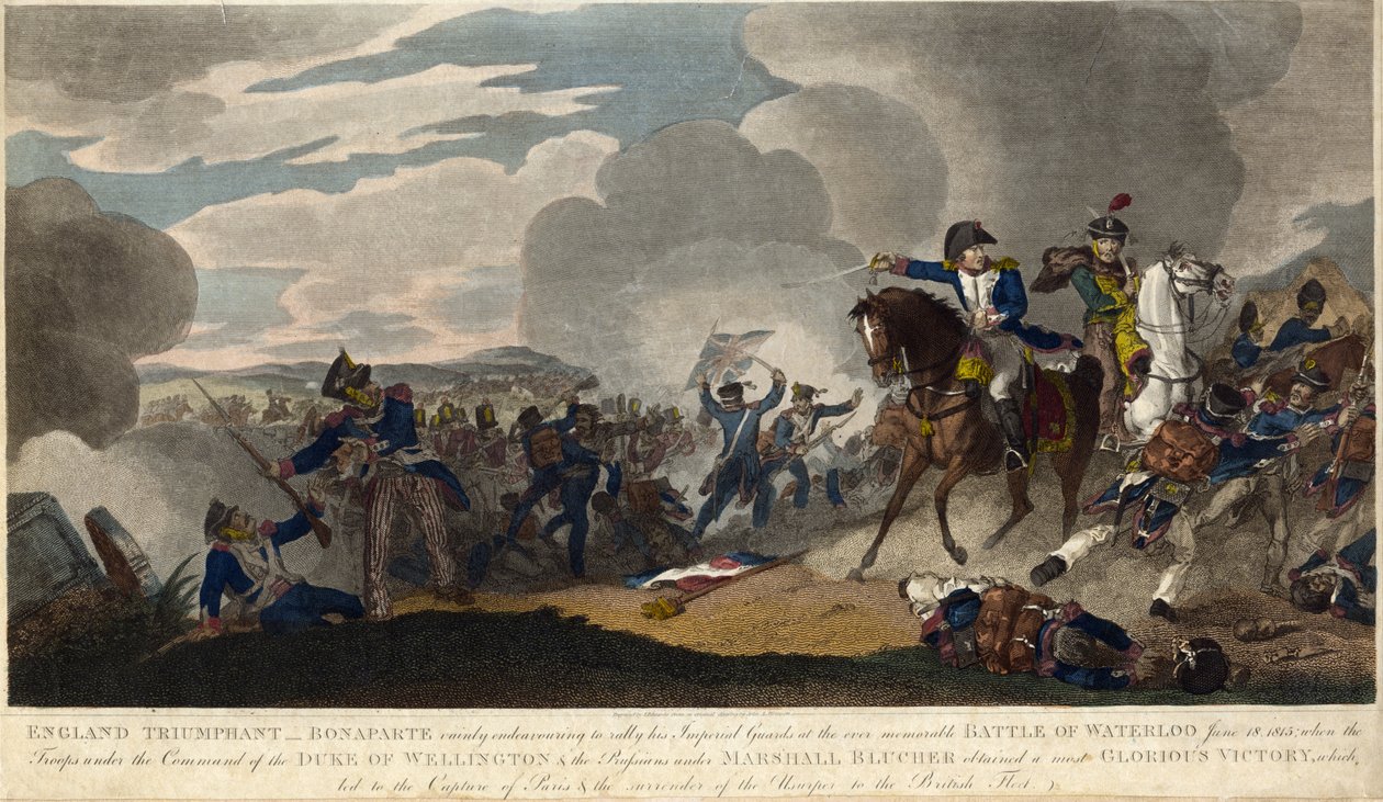 İNGİLTERE MÜCADELE. Napolyon, Waterloo savaşında imparatorluk Muhafızlarını toplamaya çalışırken, c. 1815 (gravür) by English School