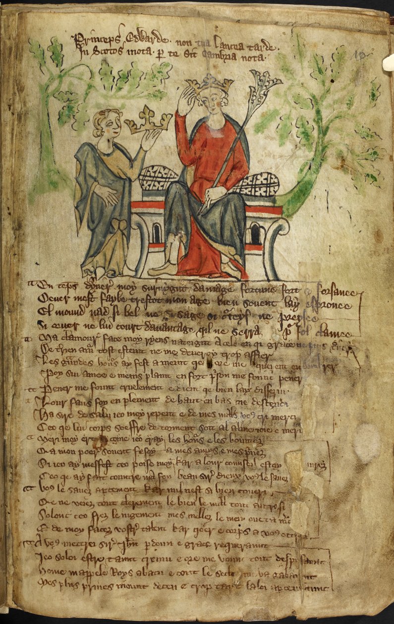 Edward II, sol elinde asa ile bir tahtta oturuyor ve sağ eliyle tacına dokunuyor. Küçük bir figür (muhtemelen Galler'in kişileştirilmesi) ona başka bir taç (muhtemelen İskoçya'nın tacı) sunar. İkinci figürün bir by English School