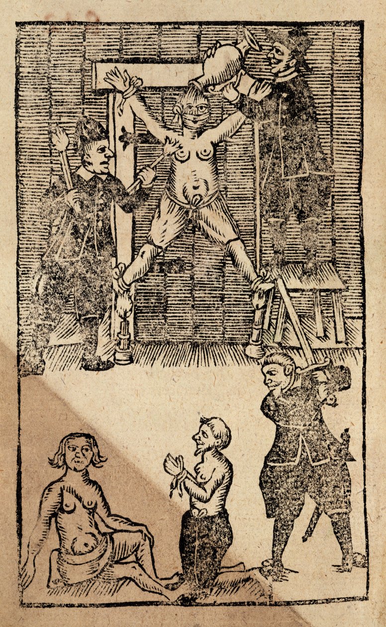 Ör. 1475 f.1 Amboyna'daki Hollandalı Yerleşimciler, Doğu Hint Adaları'ndaki İngiliz ticaretine son veren 1623 katliamından önce bir İngiliz tüccara işkence yapıyor (tahta baskı) by English School