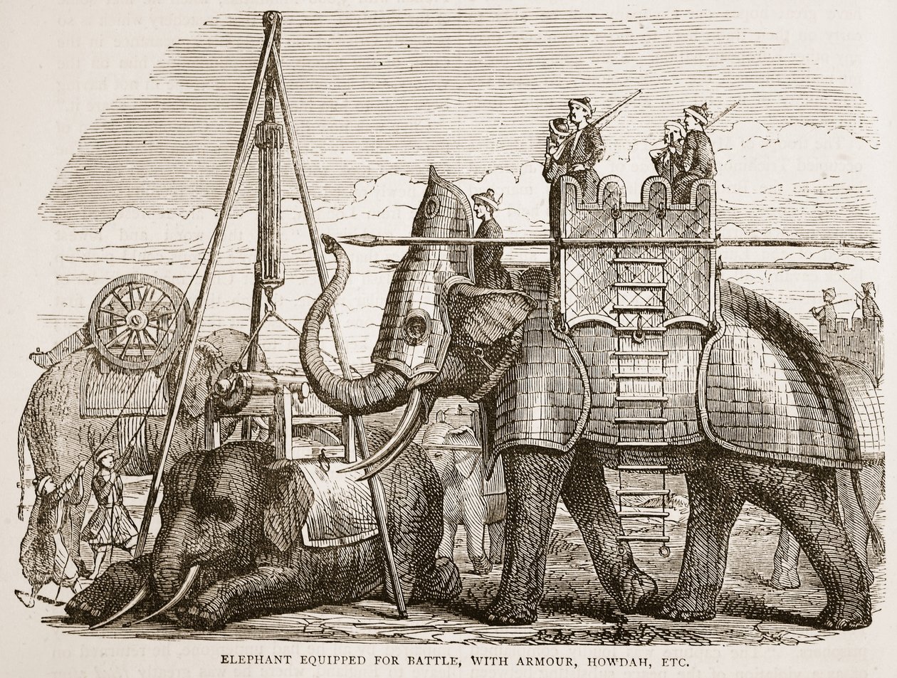Savaş için donanmış, zırhlı, uluyan vs. ile donatılmış fil, James Grant tarafından yazılan Cassells Illustrated History of India