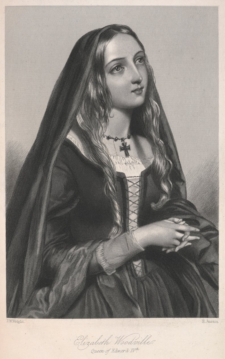 Elizabeth Woodville, Kraliçe IV. Edward, Mary Howitt'in 'Büyük Britanya kraliçelerinin Biyografik eskizleri... veya Kraliyet Güzellik Kitabı'ndan illüstrasyon by English School