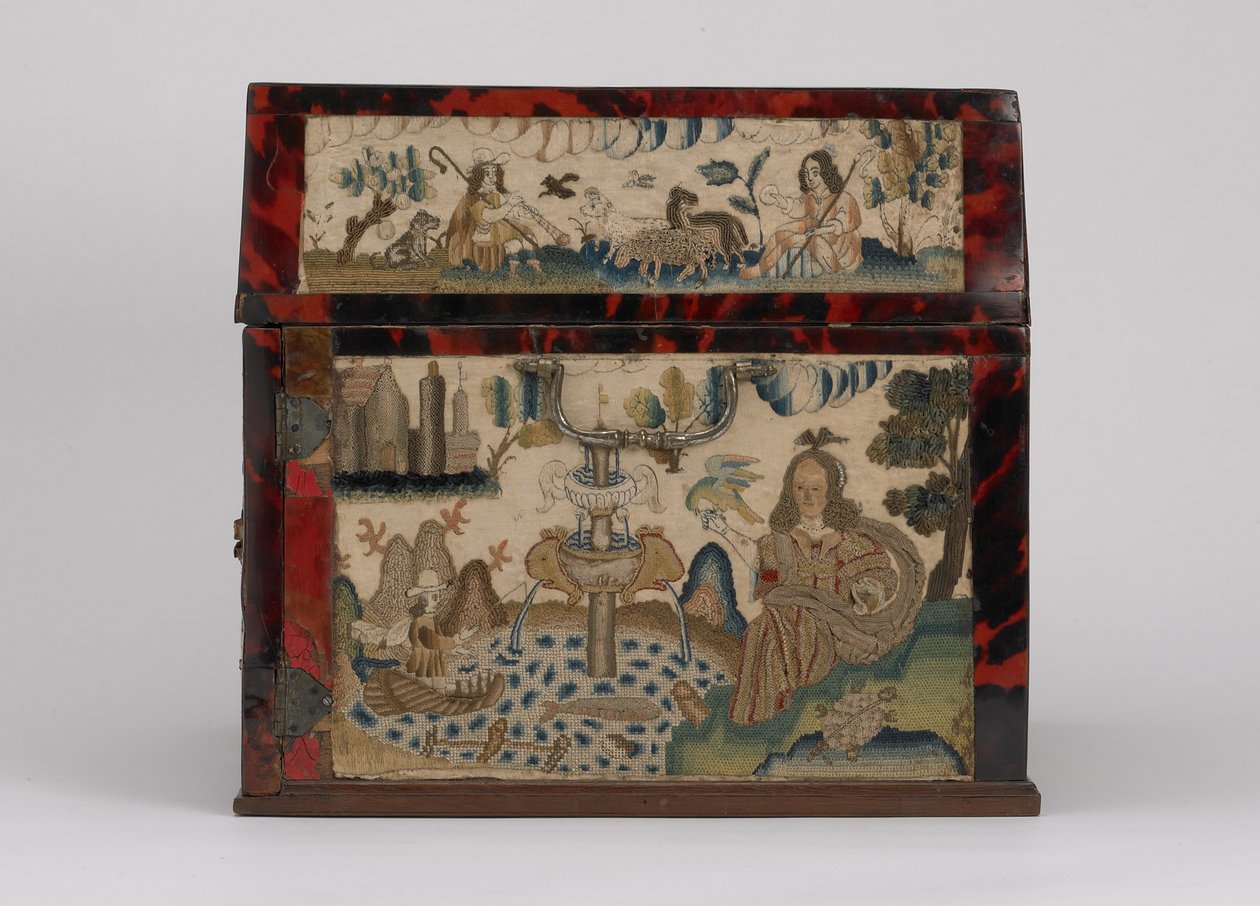 İşlemeli tabut, c.1660 (ipek, kanvas, ahşap, bağa ve gümüş bağlar) by English School