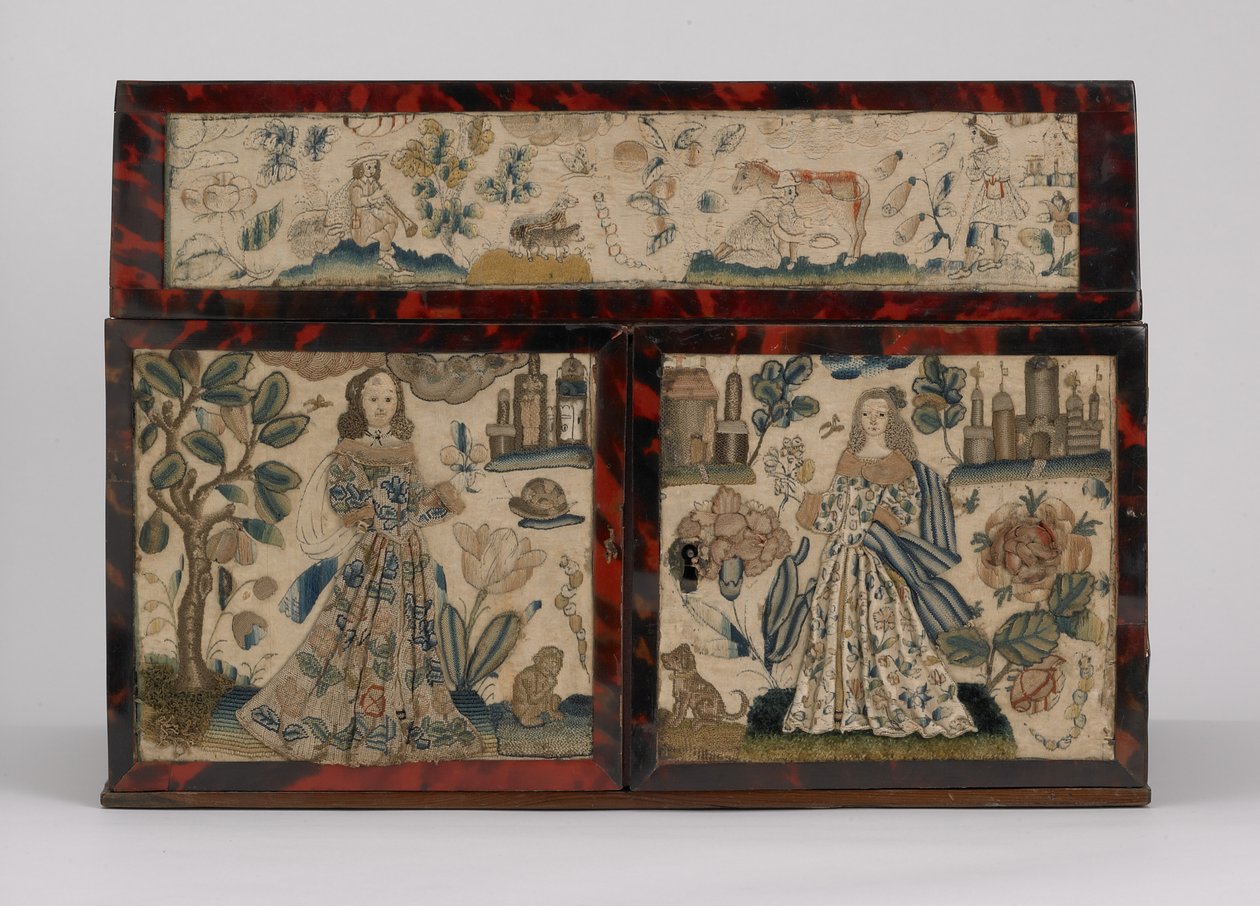 İşlemeli tabut, c.1660 (ipek, kanvas, ahşap, bağa ve gümüş bağlar) by English School