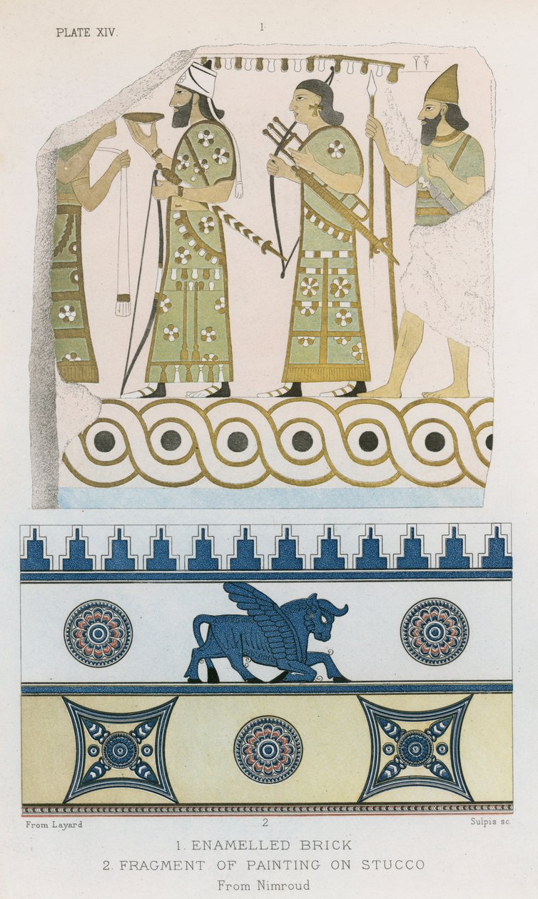 Emaye tuğla, Sıva üzerine resim parçası, Nimroud (renkli litografi) by English School