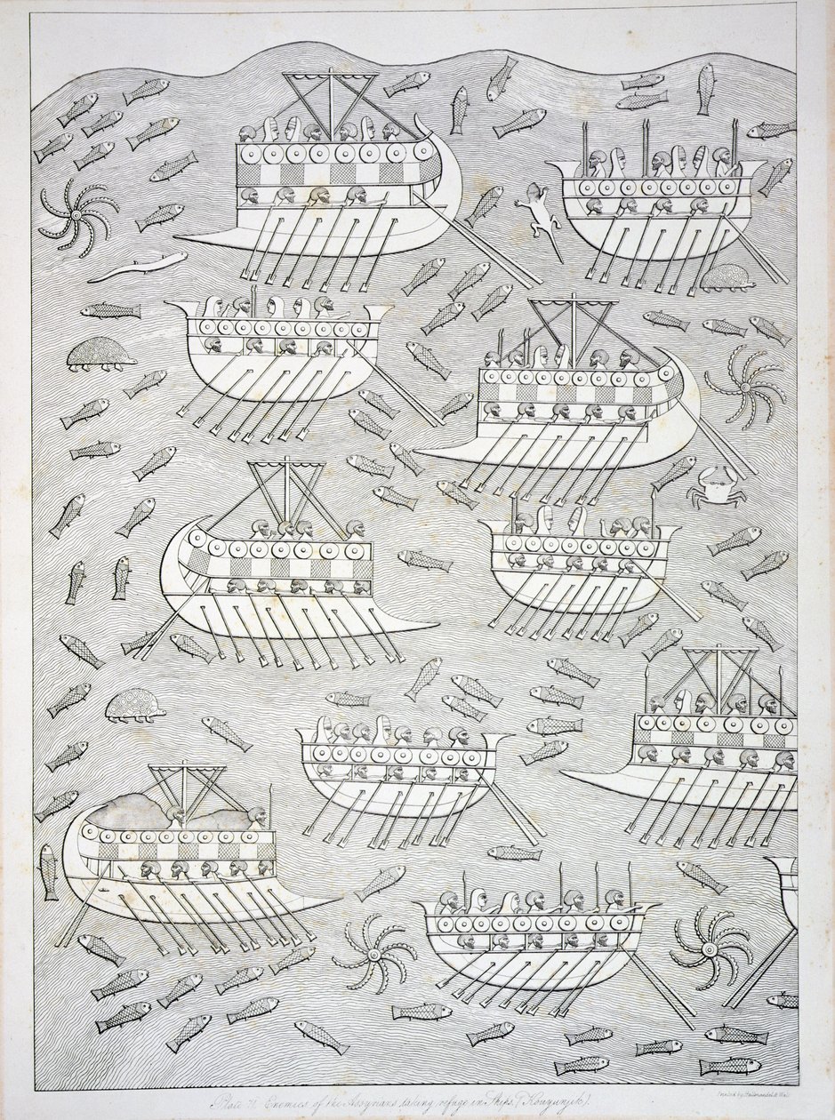 Gemilere Sığınan Asurluların Düşmanları, Nineveh'den 71 numaralı levha ve Kalıntıları Austen Henry Layard (1817-94) tarafından 1849'da yayınlandı by English School