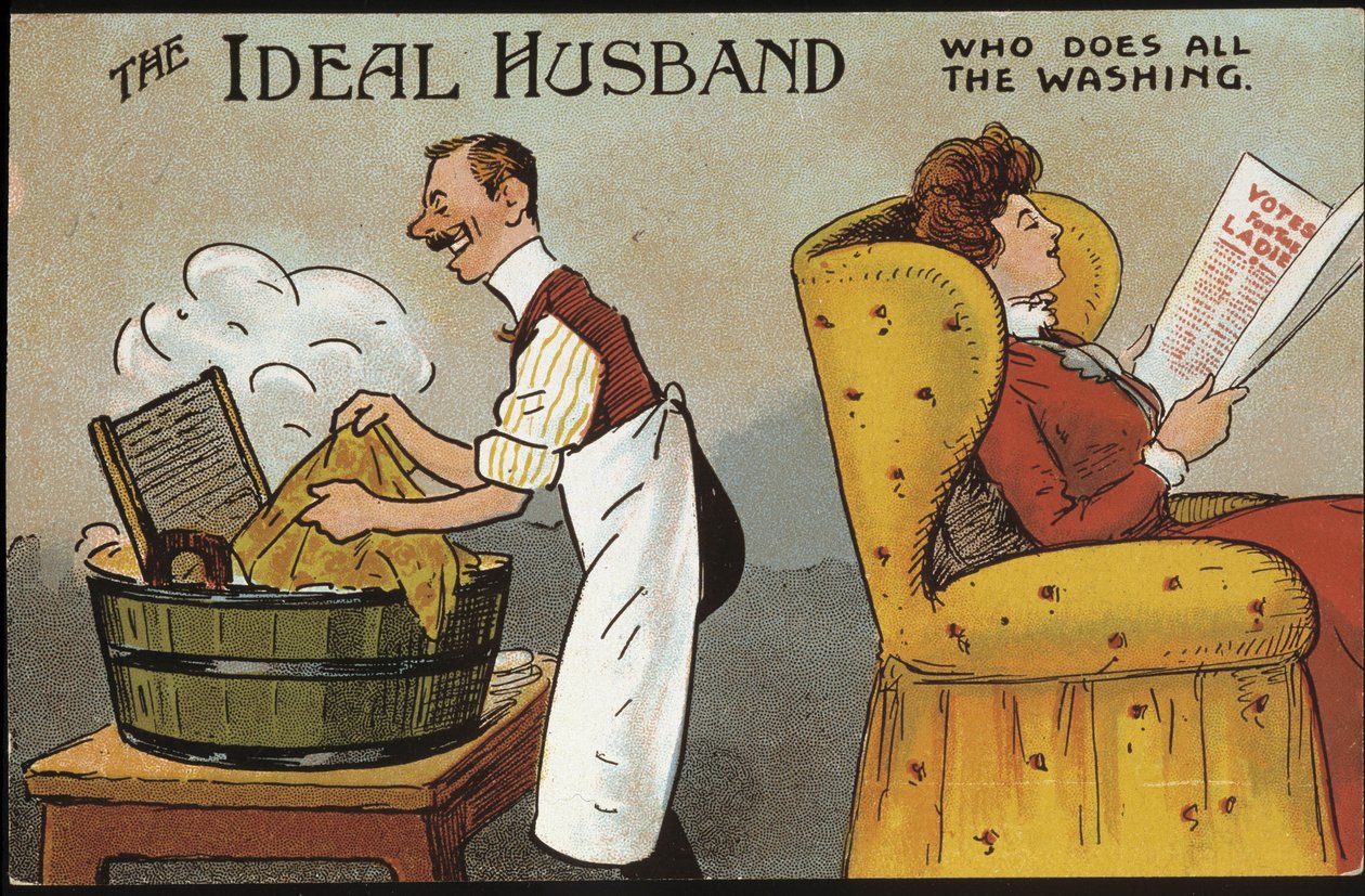 İngiliz karikatürü (ideal koca): ideal koca (tüm çamaşırları kim yapar) - kartpostal, n.d., yaklaşık 1920. by English School