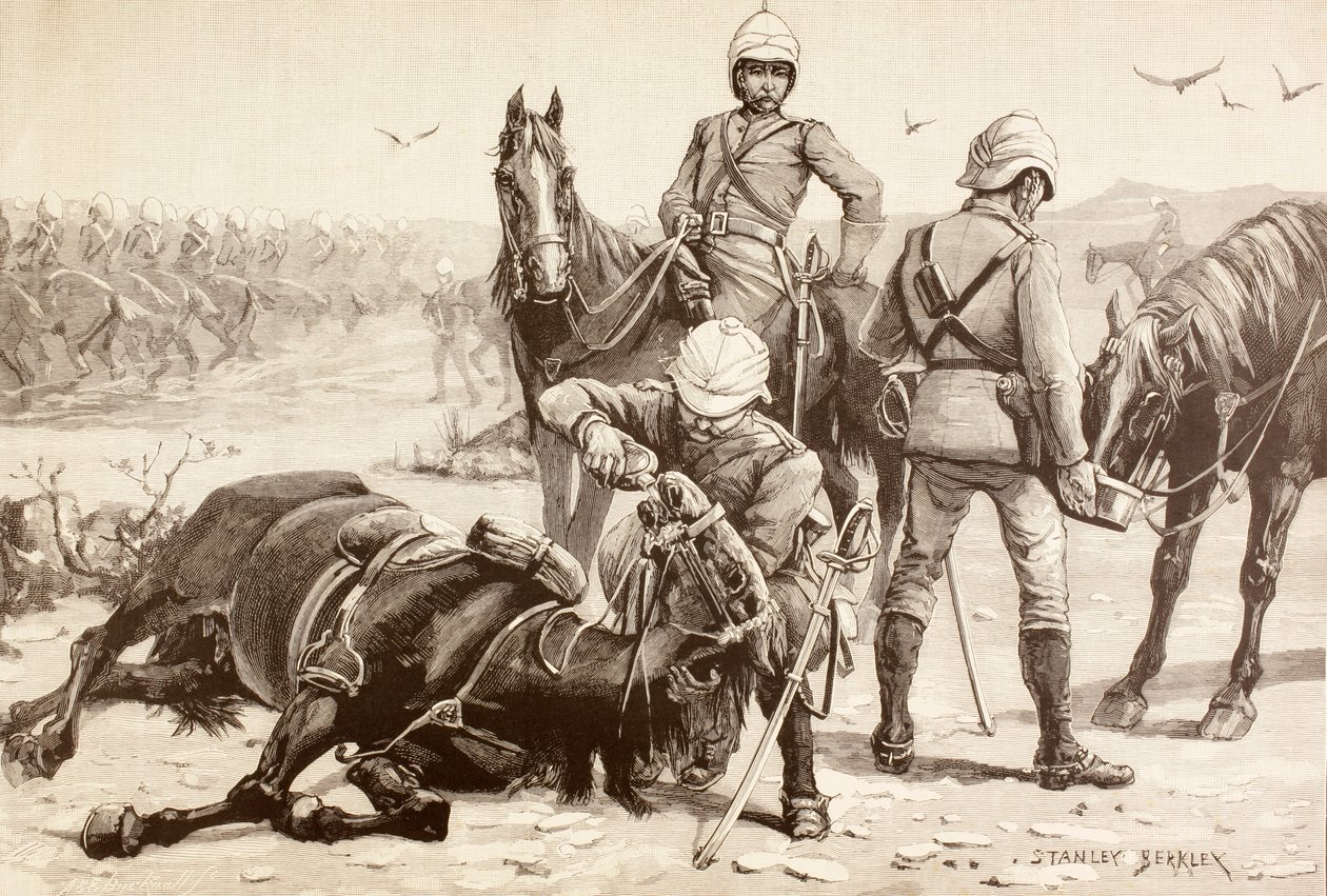 Mehdist Savaşı sırasında atlarını sulayan İngiliz süvarileri, 1880'lerde Sudan (litho) by English School