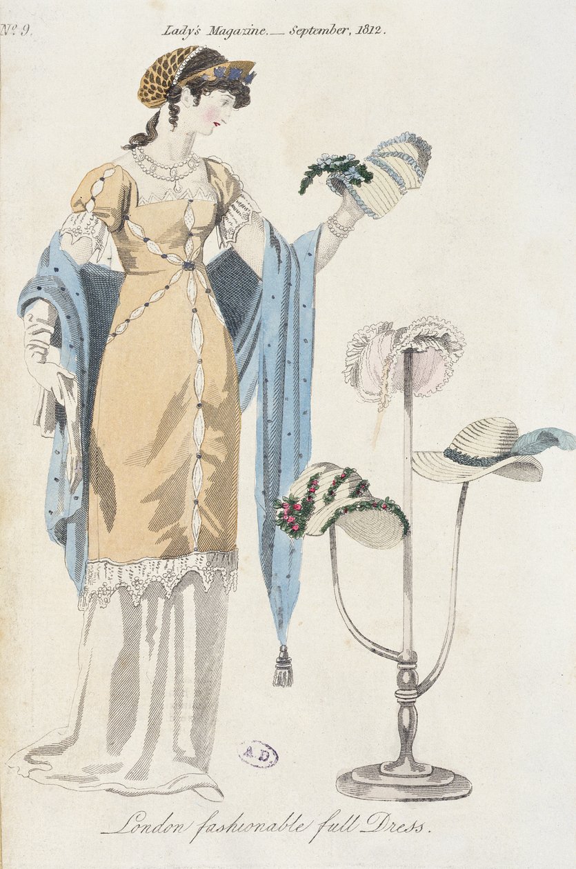 Şapka seçen genç bir kadını tasvir eden İngiliz moda levhası, 1812 by English School