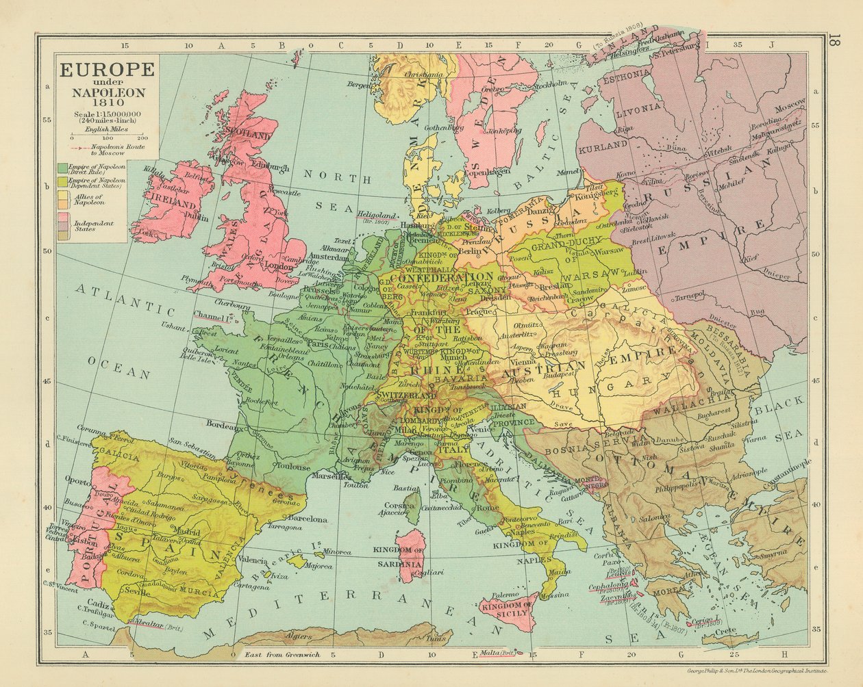 Napolyon Döneminde Avrupa 1810 (renkli taş baskı) by English School
