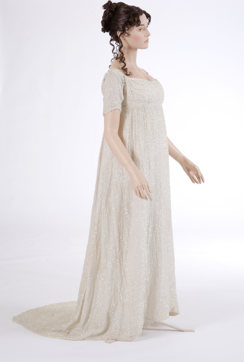 Abiye elbise, 1800 (pamuk muslin ve cam boncuklar) by English School