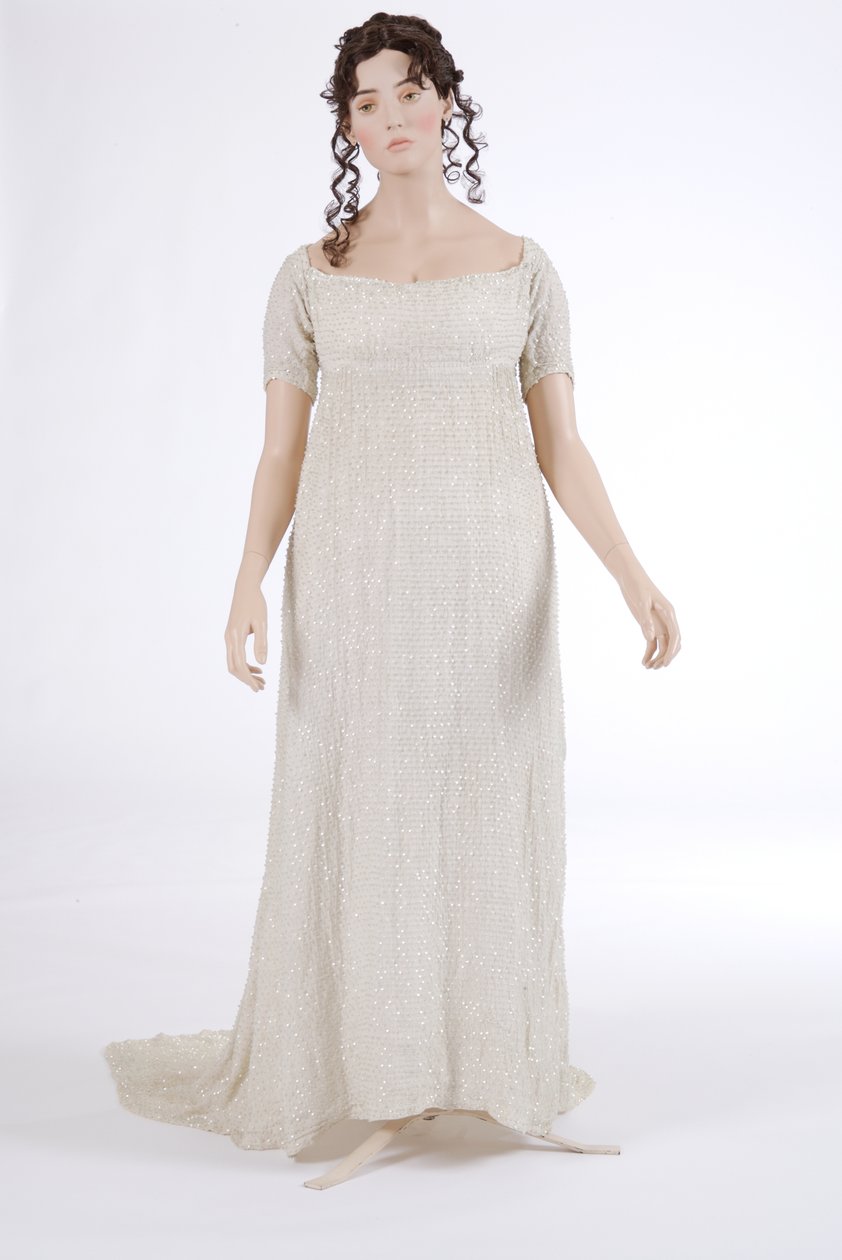 Abiye elbise, 1800 (pamuk muslin ve cam boncuklar) by English School