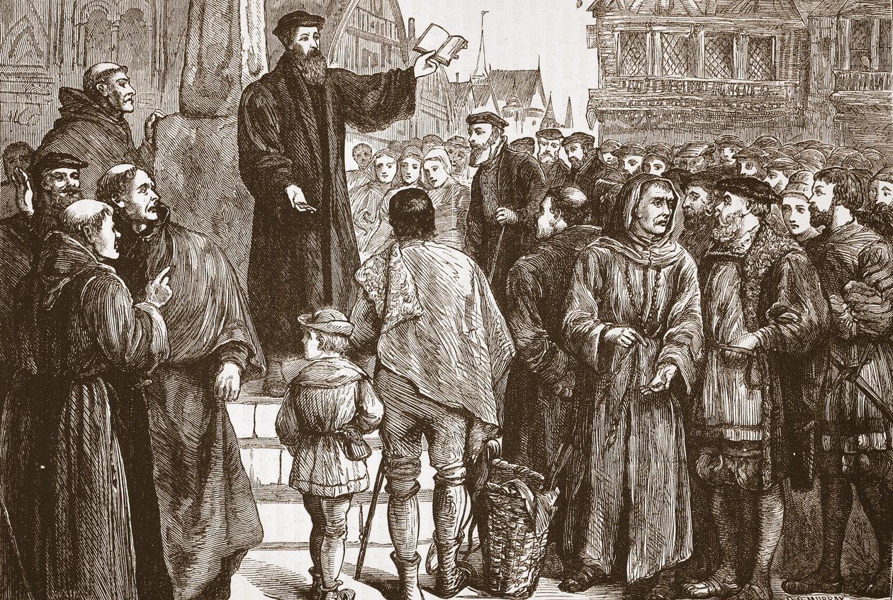 Farel Neuchatel pazar yerinde vaaz veriyor, James Aitken Wylie (1808-1890) tarafından yazılan Protestanlığın Tarihinden bir örnek, pub. 1878 by English School