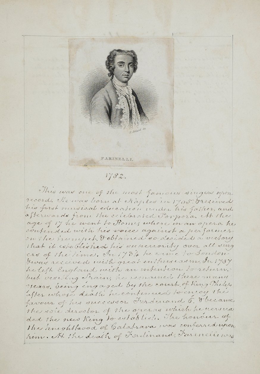 Farinelli, Henry Adlard tarafından gravür (fl.1828-69), c.1830 (kağıt üzerine gravür ve kalem ve mürekkep) by English School