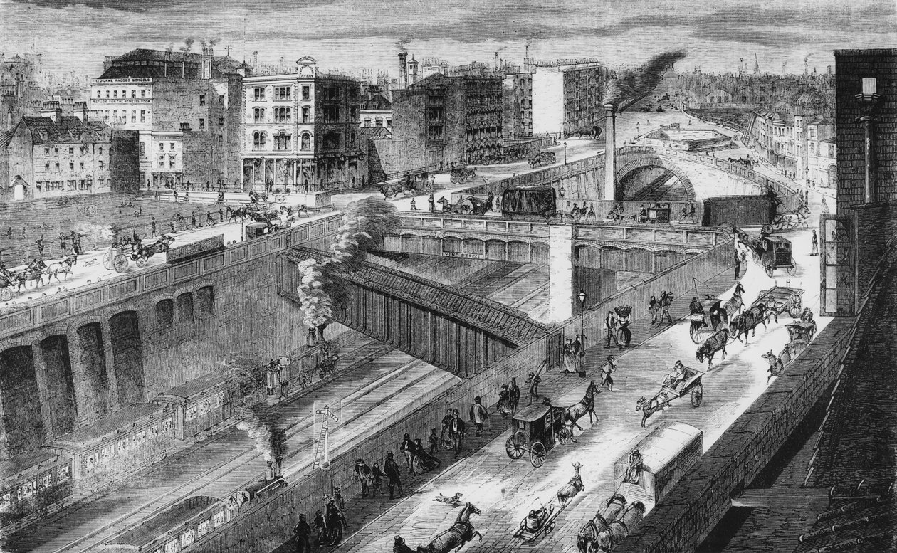 Farringdon Yolu ve Metropolitan Demiryolu kuzeye bakıyor by English School