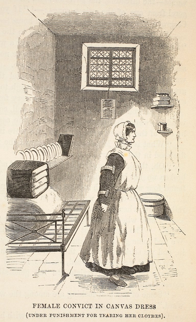 Kanvas elbiseli kadın mahkûm (kıyafetlerini yırttığı için cezalandırılıyor), The Criminal Prisons of London ve Scenes from Prison Life, Henry Mayhew ve John Binny, pub. 1862 (tur by English School