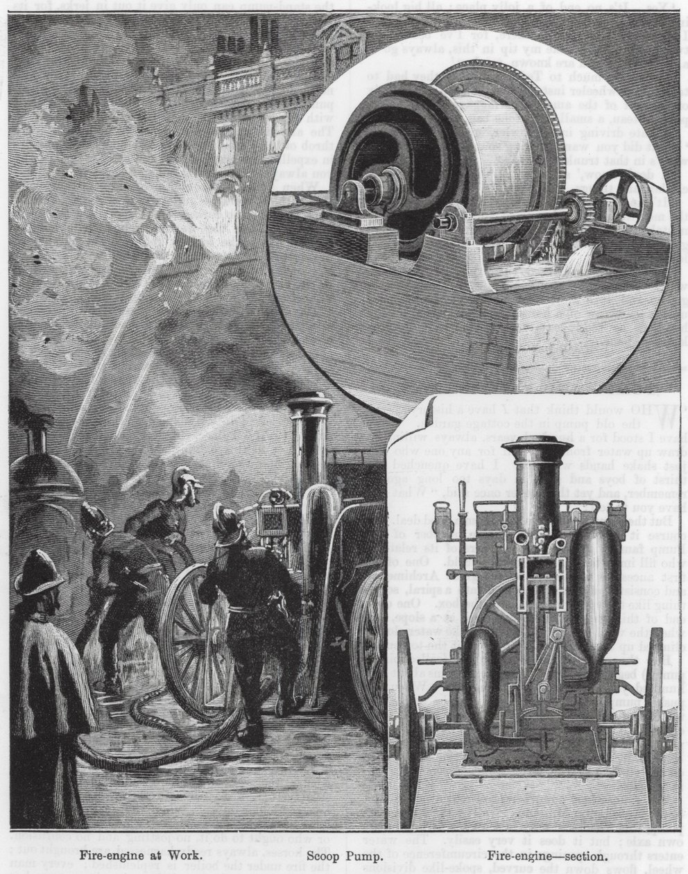 İtfaiye İş Başında, Kepçe Pompası, İtfaiye Motoru, kesit (gravür) by English School