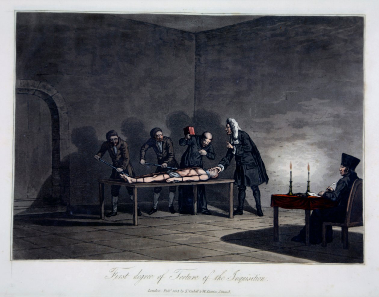 Engizisyonun Birinci Derece İşkencesi, gravür LC Stadler, pub. Cadell & Davies, Londra, c.1813 (renkli gravür) by English School